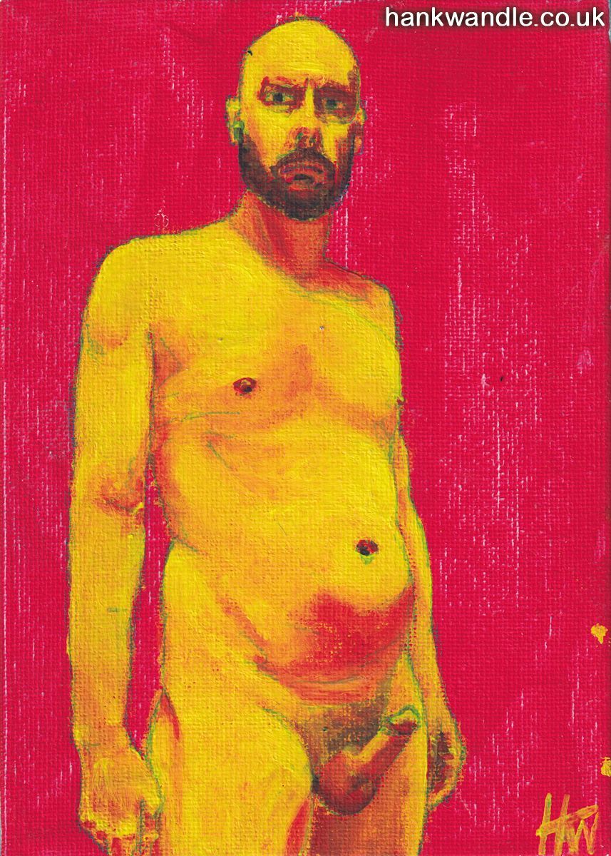 a naked man standing in 3/4 profile, arms at his side, penis erect