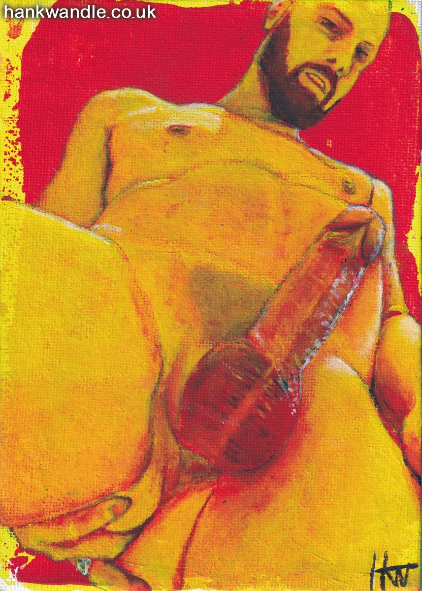 a naked man stands over the viewer, penis erect and one finger in his ass