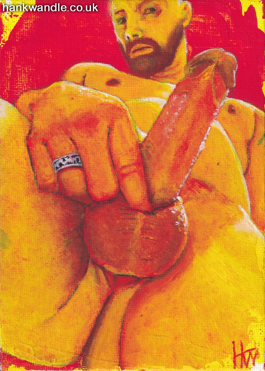 a naked man stands above the viewer, he holds his erect penis, pushing it forward