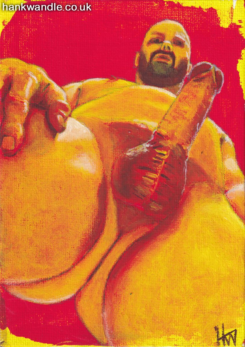 a naked man stands directly above the viewer and stares out of the picture past the tip of his erect penis