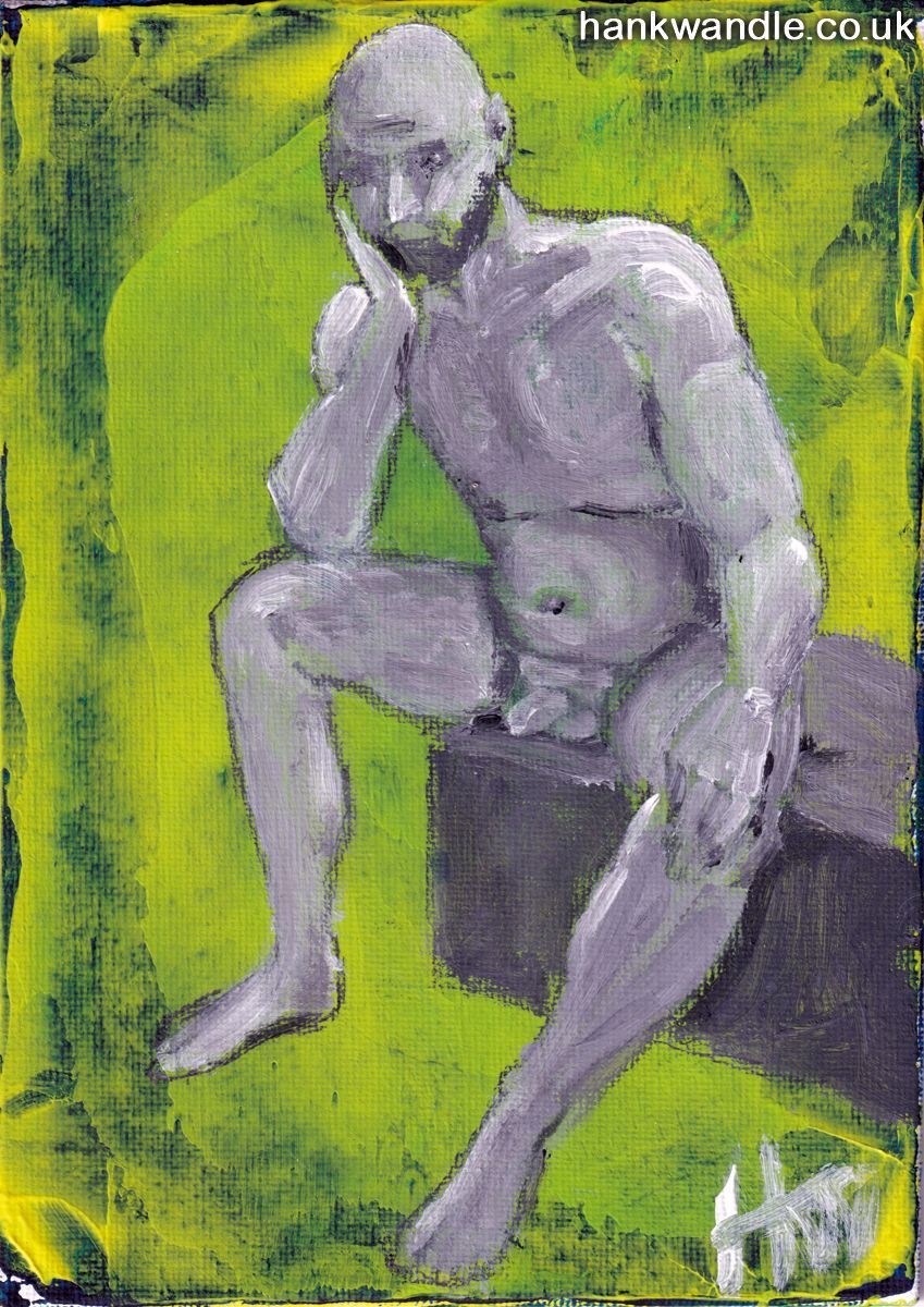 a painting of a seated male nude in grey tones on a light green background
