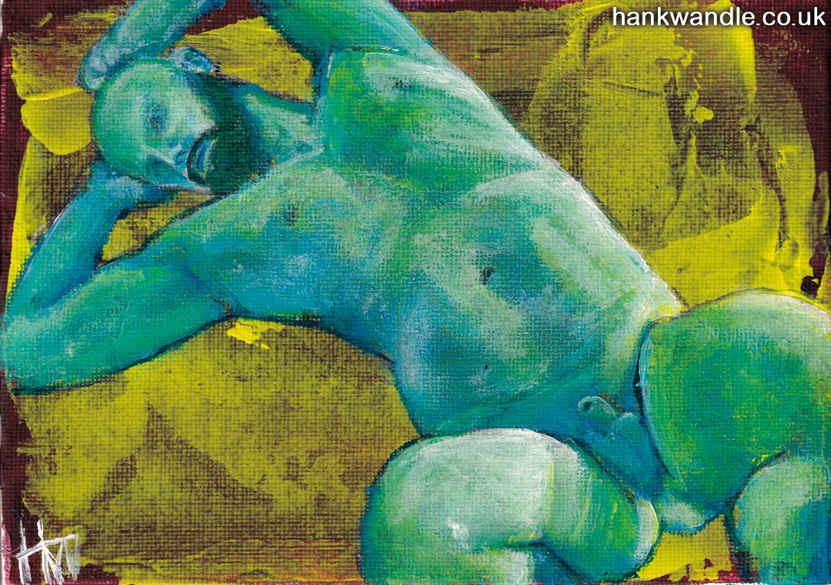 a reclining male nude in green tones on a green/brown background