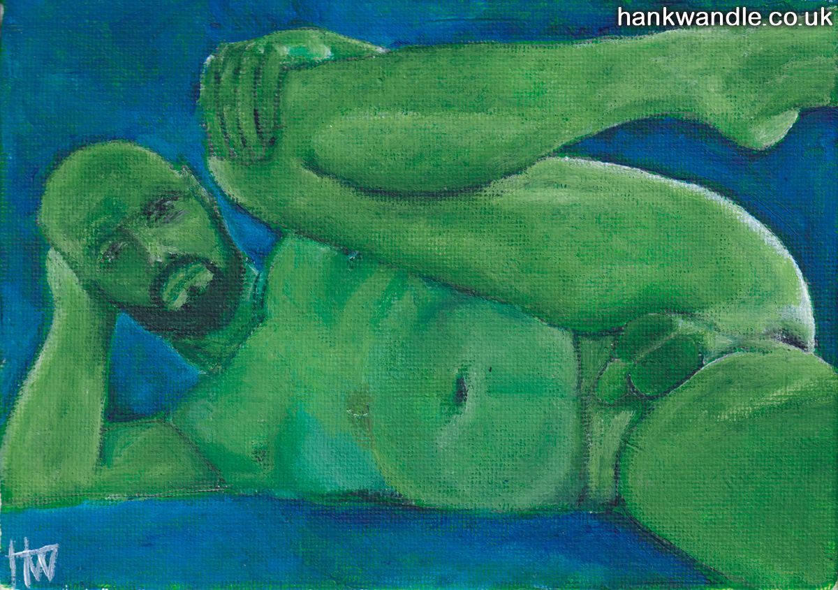 a male nude lying on his side, he holds one leg up, with bent knee to display his penis and ass