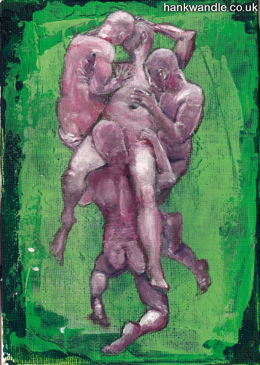 a group of men float in the air in a sexual embrace, the poses a direct referect to 'The Damned Woman' by Octave Tassaert