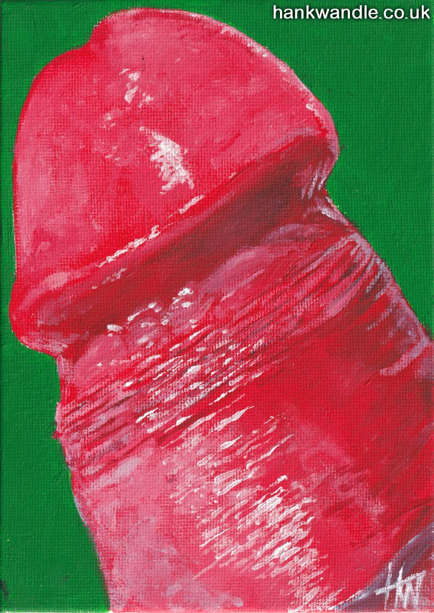 the tip of an erect penis painted in super saturated reds against a rich bright green background