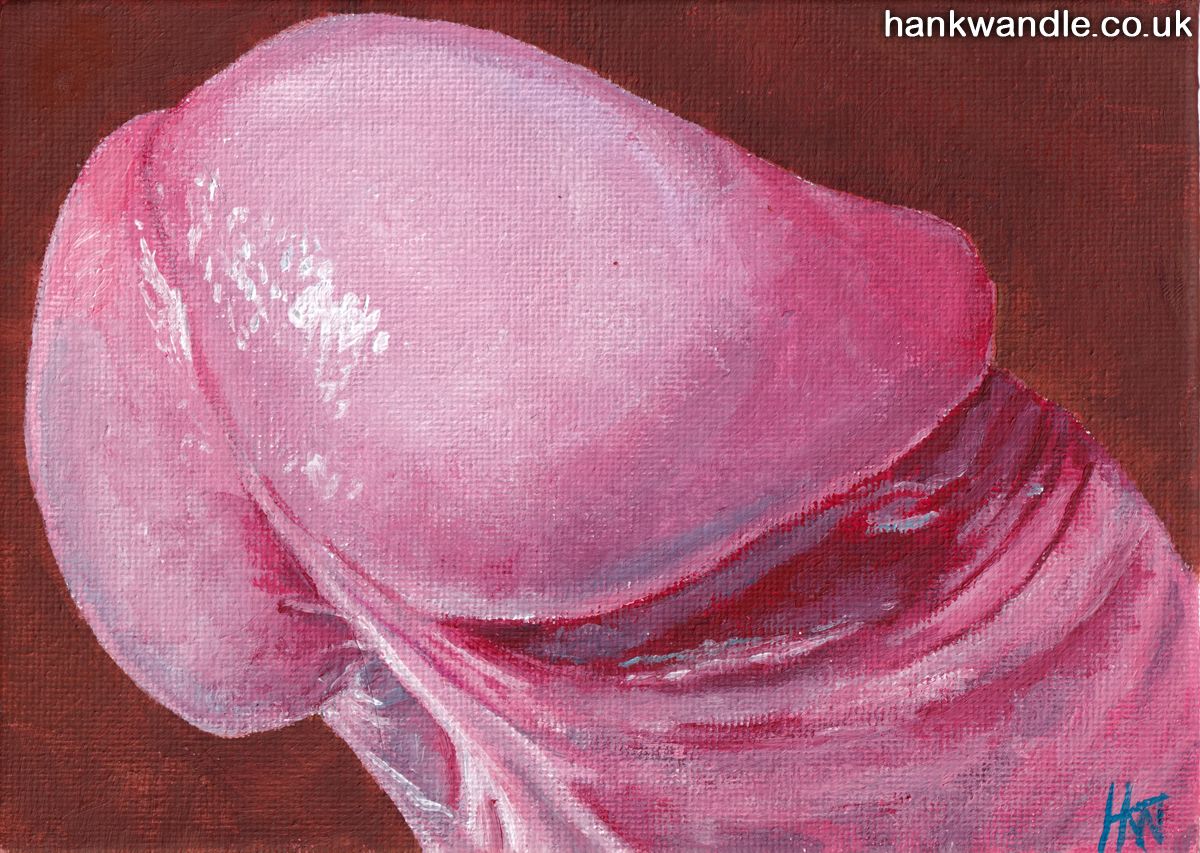 a very close up painting of the head of an erect penis showing the hole and the frenulum