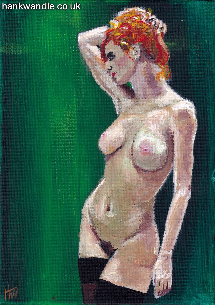 a painting of a standing woman, cropped mid-thigh, she is nude except for stockings and has curly ginger hair