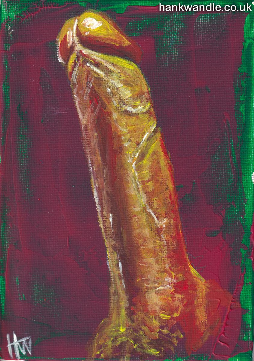 a long thing erect cock in reds and yellows on a purple and green distressed background