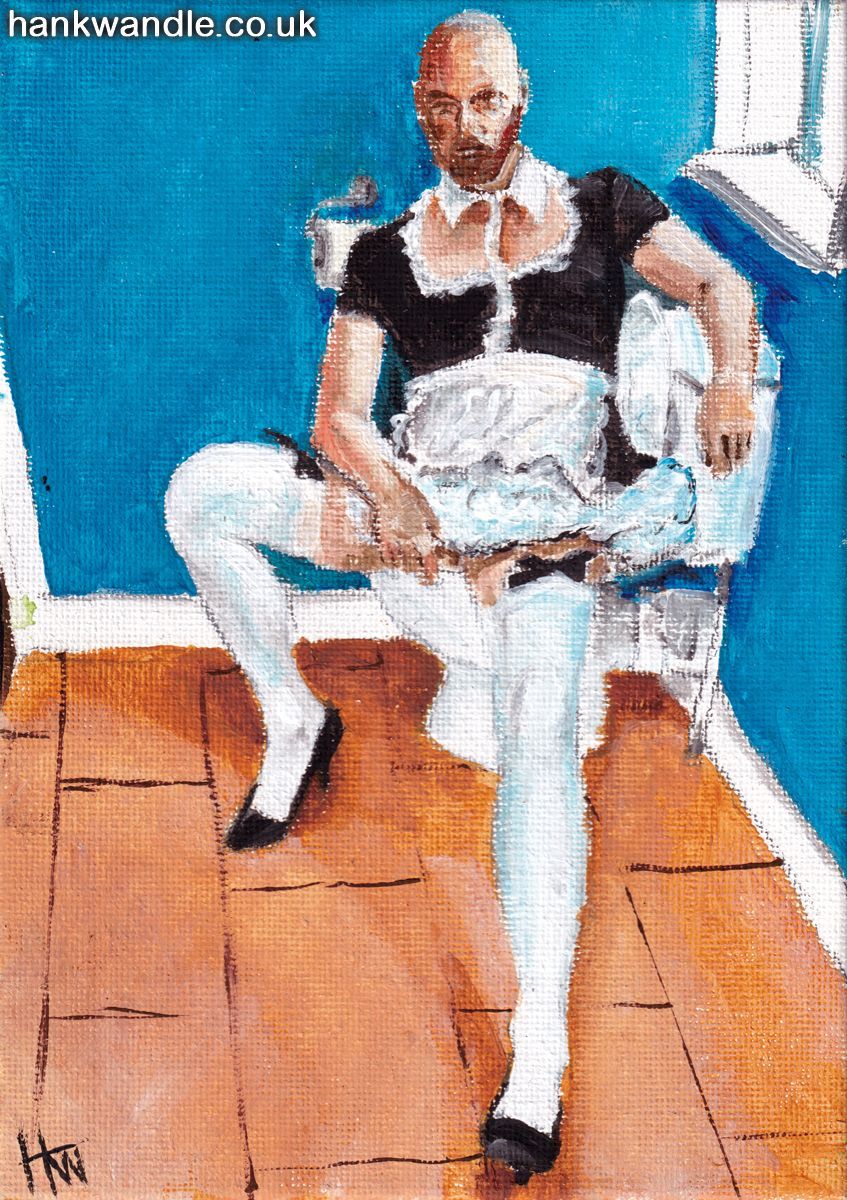a man in a french maid outfit, sits in a pose of exhaustion on a toilet