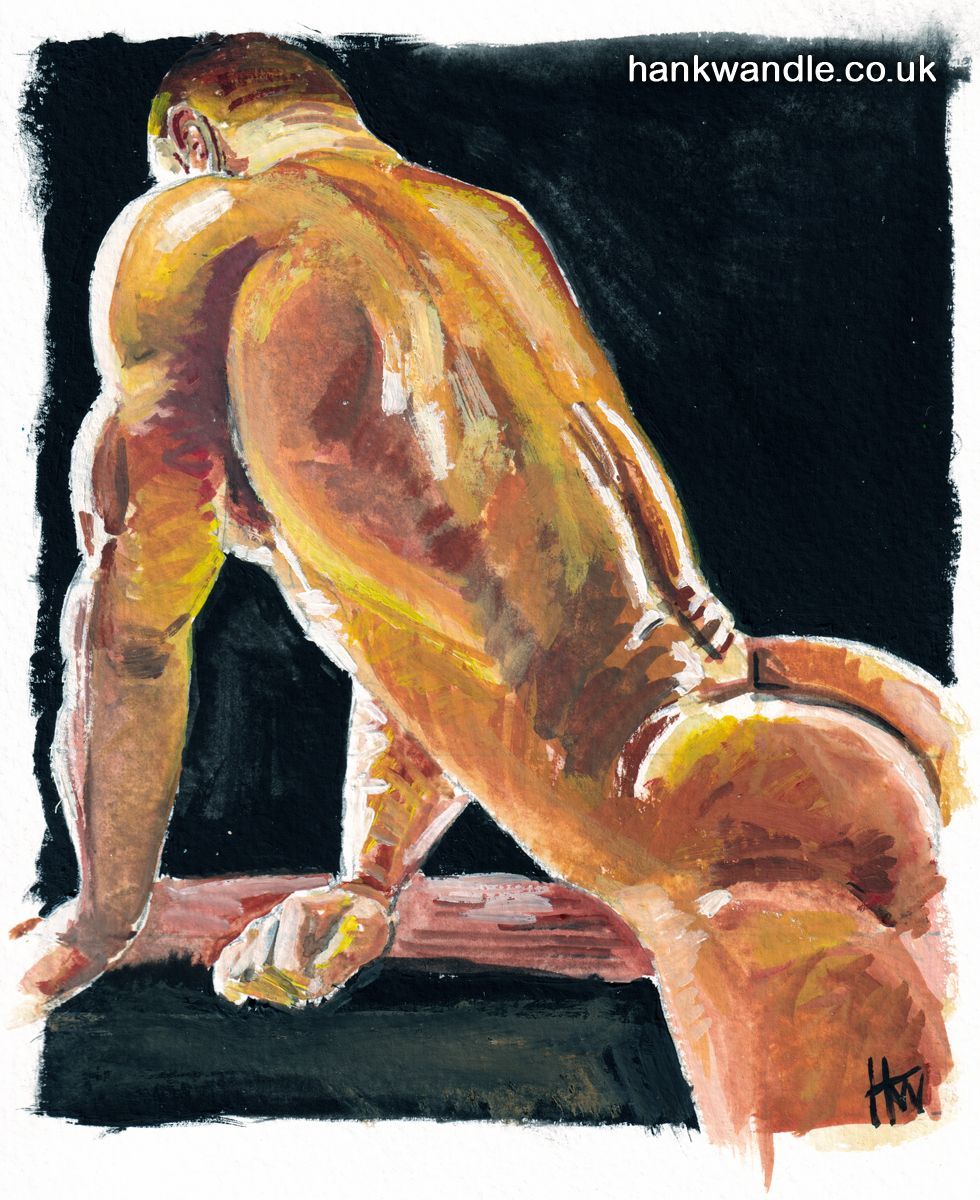 a naked muscular man leans over a table, seen from behind