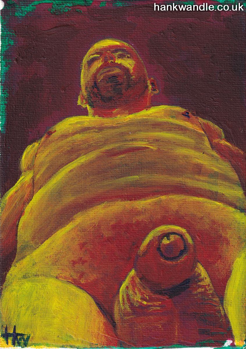 a naked man in yellow and red tones, stands over the viewer, the penis and balls are the focus