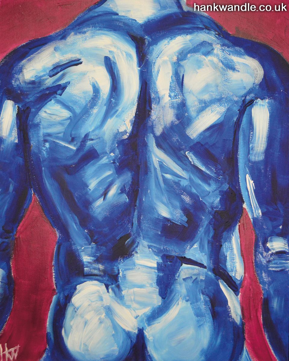 a muscular man's back cropped at the neck and mid buttock, in thick expressive acrylic brushstrokes