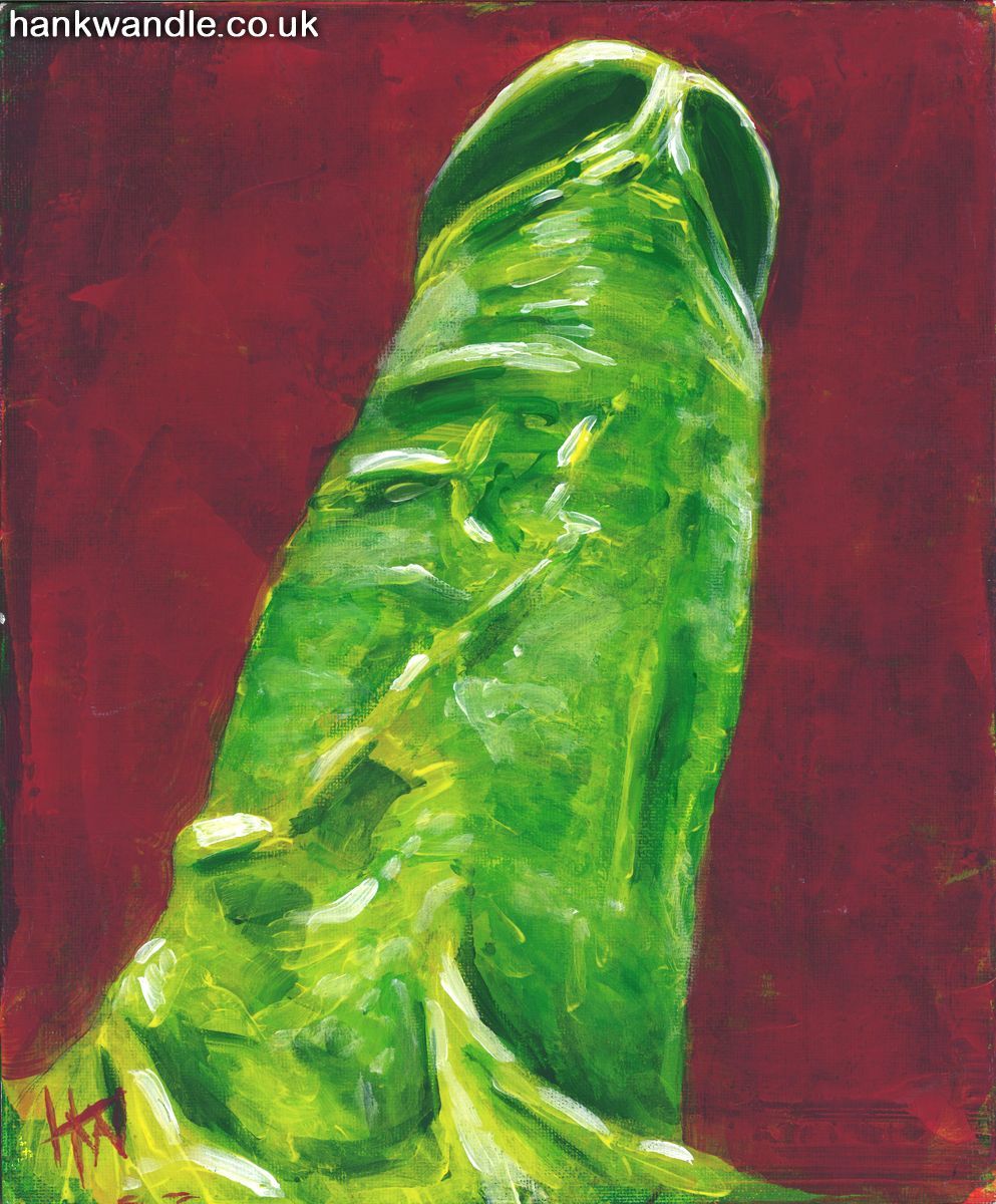a painting of an erect penis in green tones, on a purple background