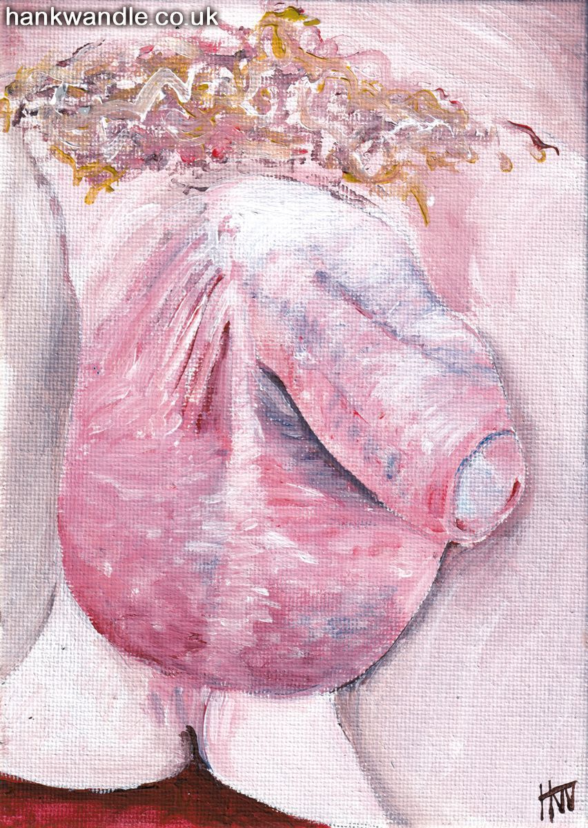 an acrylic painting of a man's crotch in lifelike tones