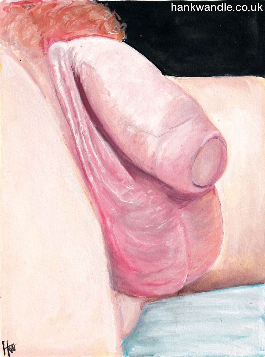 a painting in real tones of a flaccid cock and balls gainst a black backround with ginger pubic hair