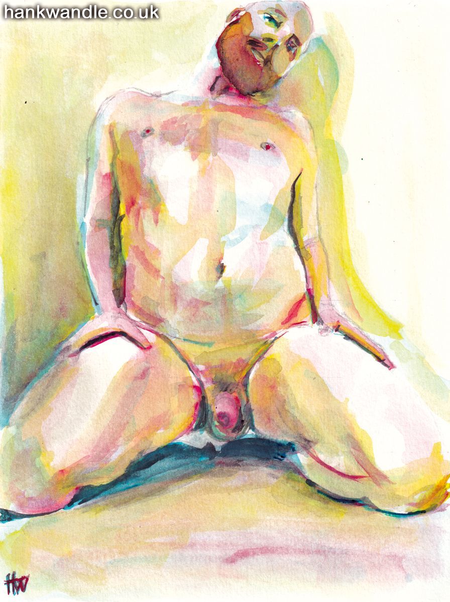 a kneeling male nude, legs wide apart, hands on thighs, head tilted sideways