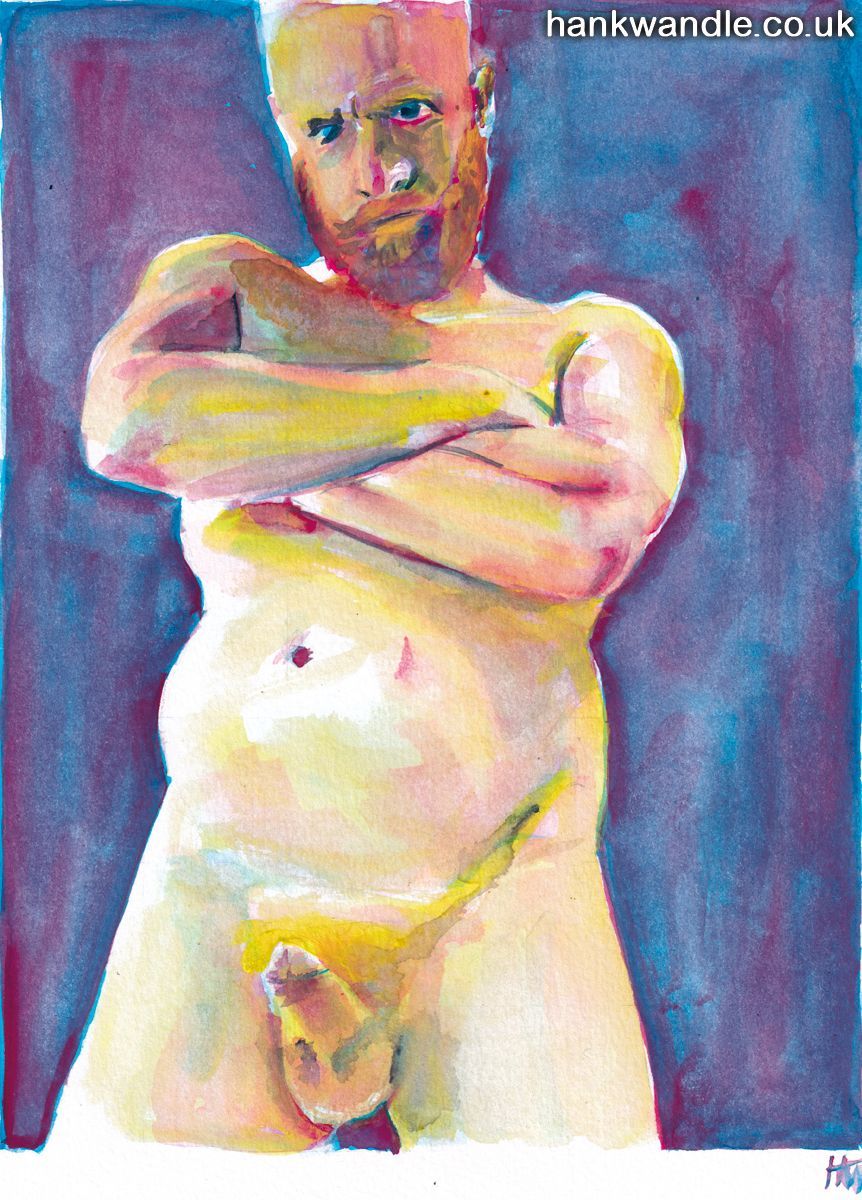 a nude male stands in an agressive stance, legs apart, arms crossed his head tilted, his penis erect