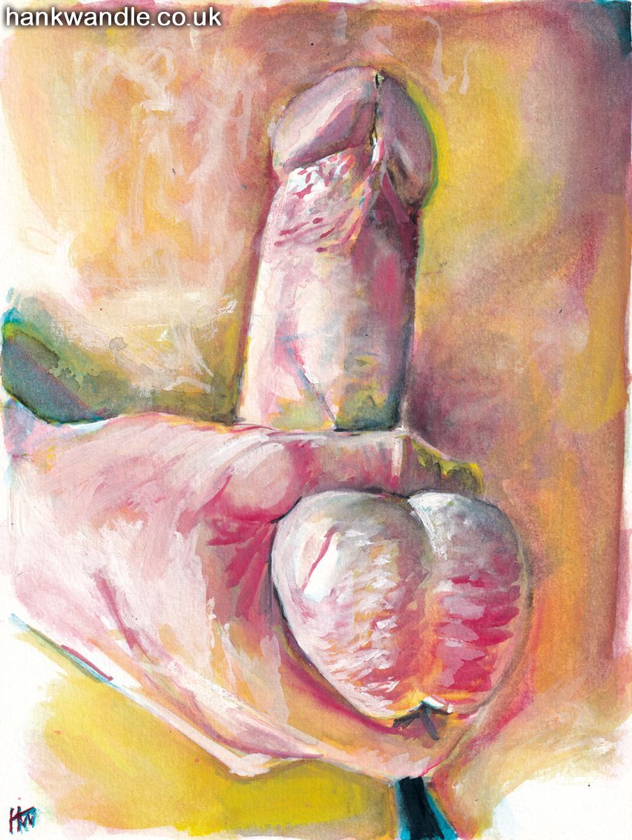a washy painting of an erect penis, a hand grips the scrotum so the balls are tight and presented to the viewer