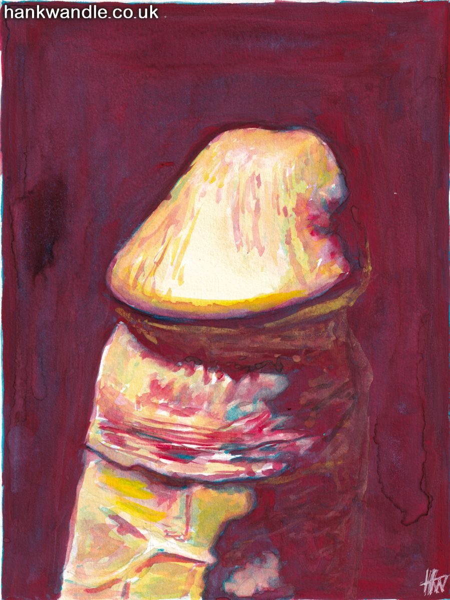 the tip of an erect penis in supersaturated colours, against a deep crimson red shadow