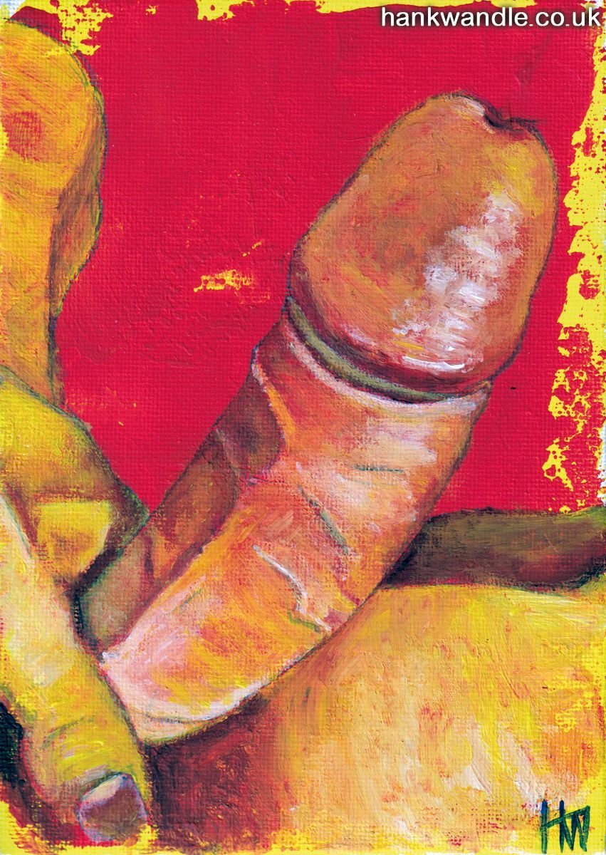 an erect penis in yellows and reds on a red background, the owner's hand grips it at the base