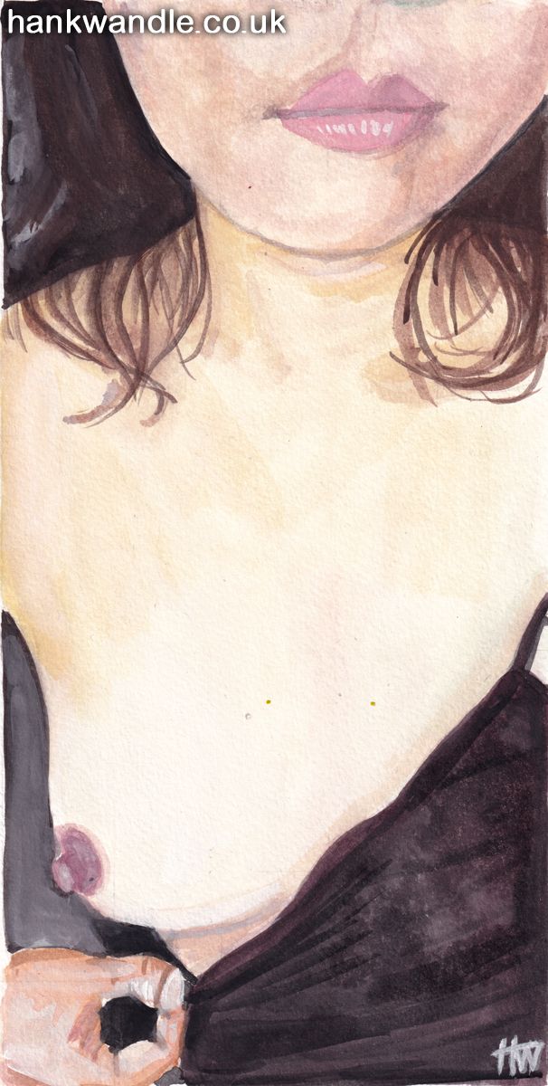 a painting of a woman cropped at her lips to her mid chest, she is holding open her top to reveal her nipple