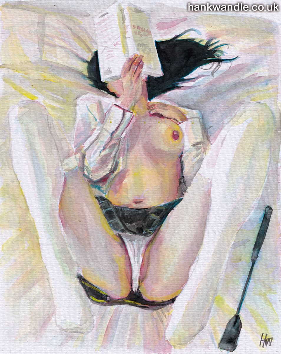 a painting of a woman lying in bead reading, the paperback hides her face, she lies with her knees up revealing her knickers which are riding up her vulva. her shirt is open revealing her breasts, a riding crop is also on the bed