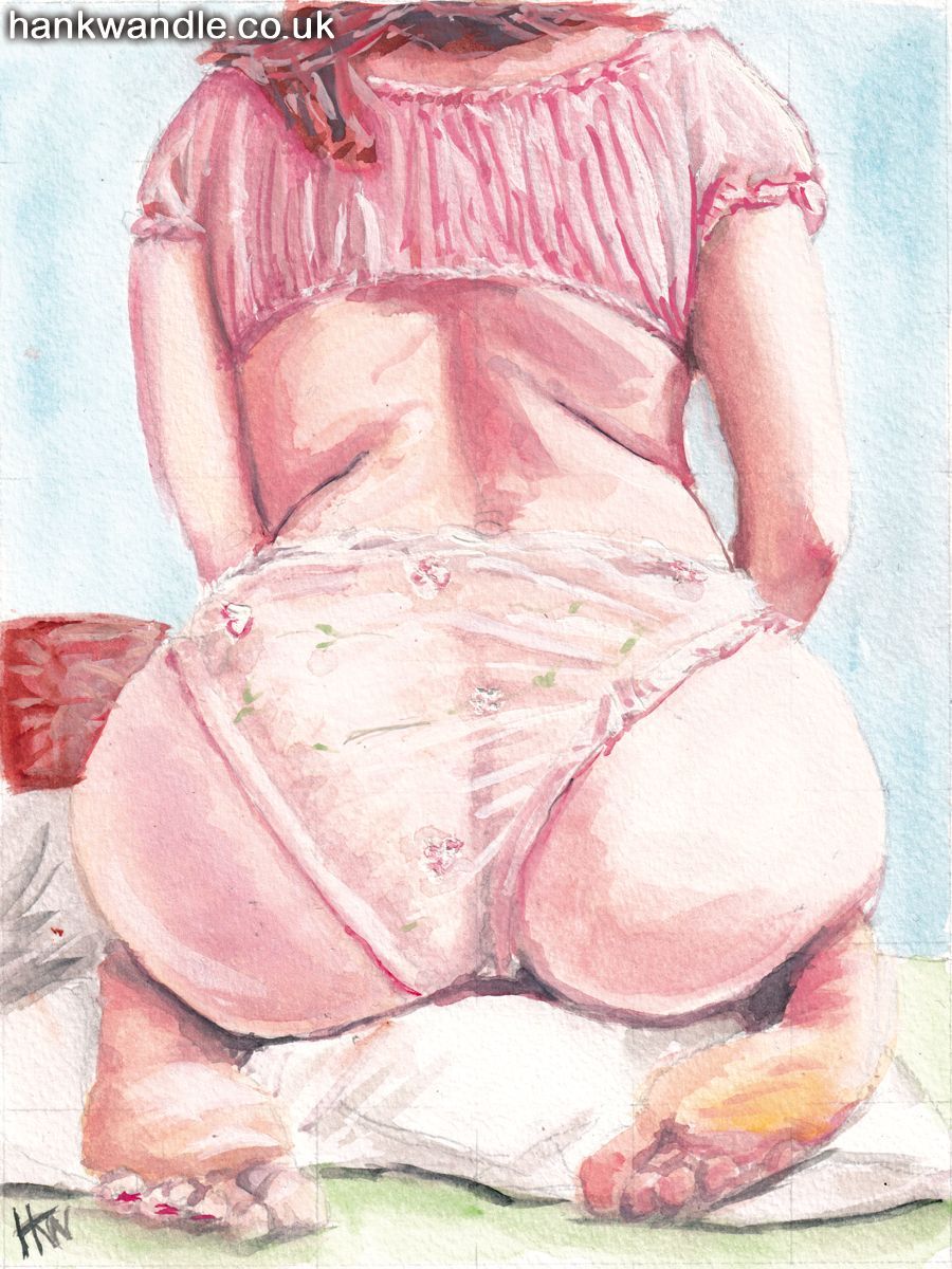 a painting of a woman's torso, seen from behind, she is kneeling and the focus is her bottom