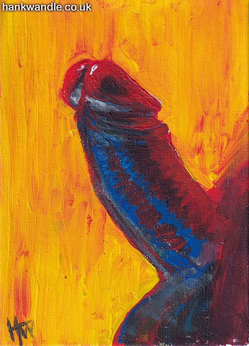 a fiery erect penis painting in reds and blues on a yellow/red background