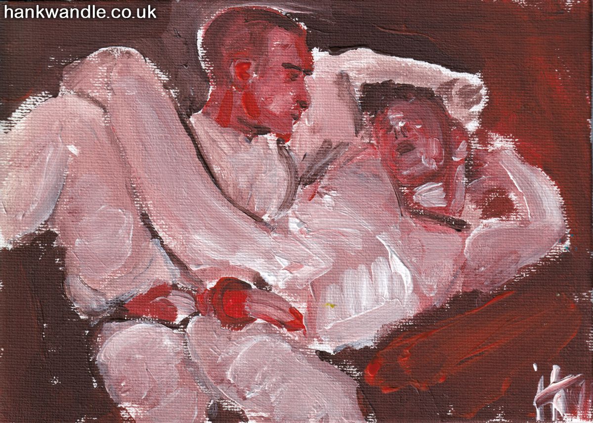 a very expressionist painting of two men having vigorous sex