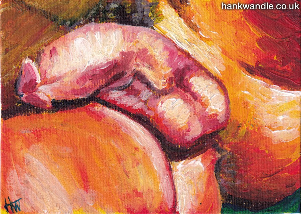 an expressionist painting of a man's crotch, evoking 'L'Origine du Monde' by Courbet