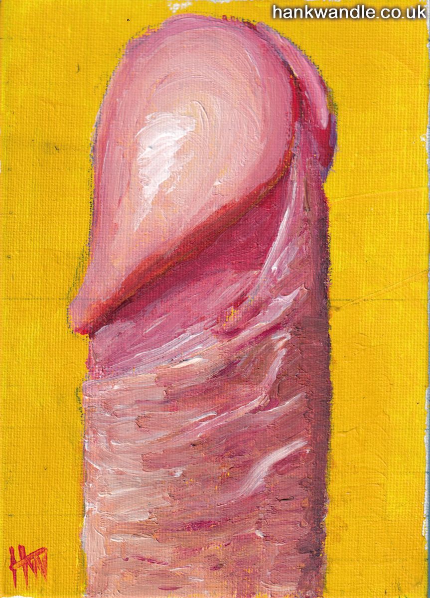 the top of an erect penis in bright pink on a bright yellow background