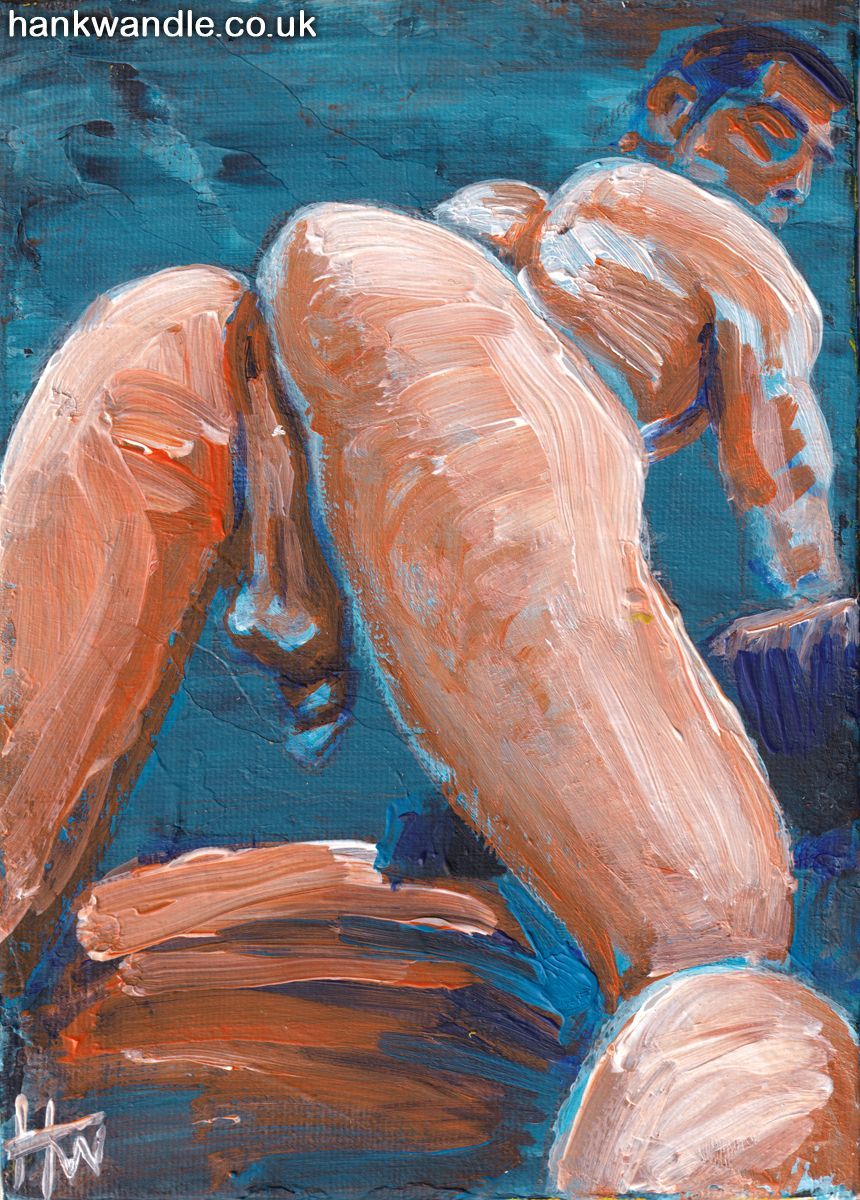 a male nude, the subject is on all fours, ass toward the viewer legs apart, he looks back over his shoulder