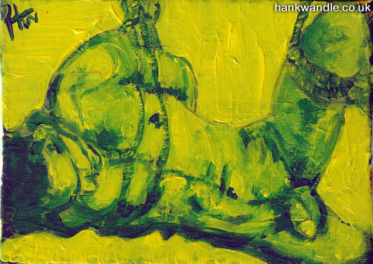 a naked male hangs suspended in shibari rope, he is also blindfolded. painted in green impasto brushstrokes on a yellow background