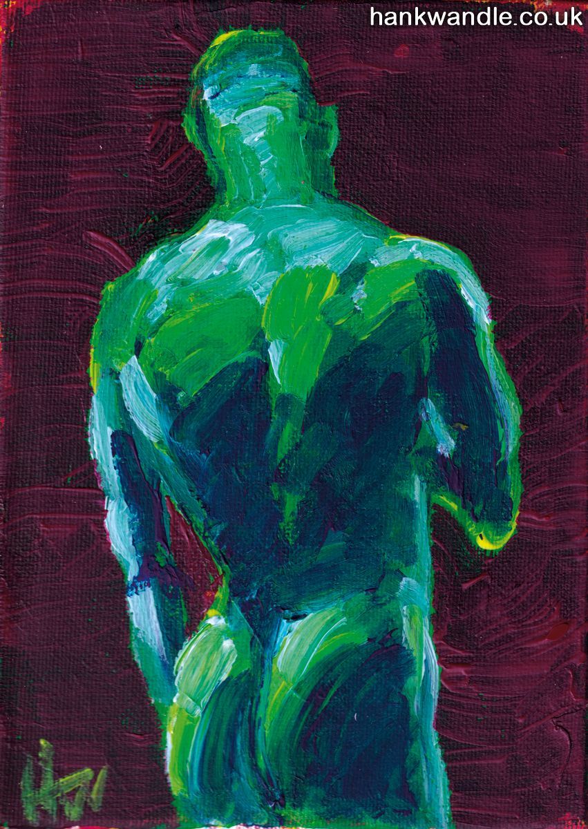 a nude male seen from behind, in expressionist strokes, in greens blues and yellows
