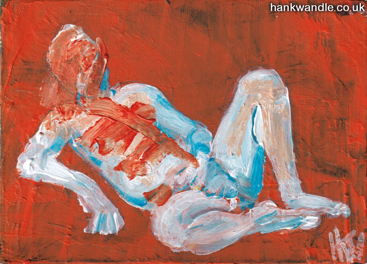 a reclining male nude in thick impasto, the face and torso corrupted by aggressive orange brushstrokes
