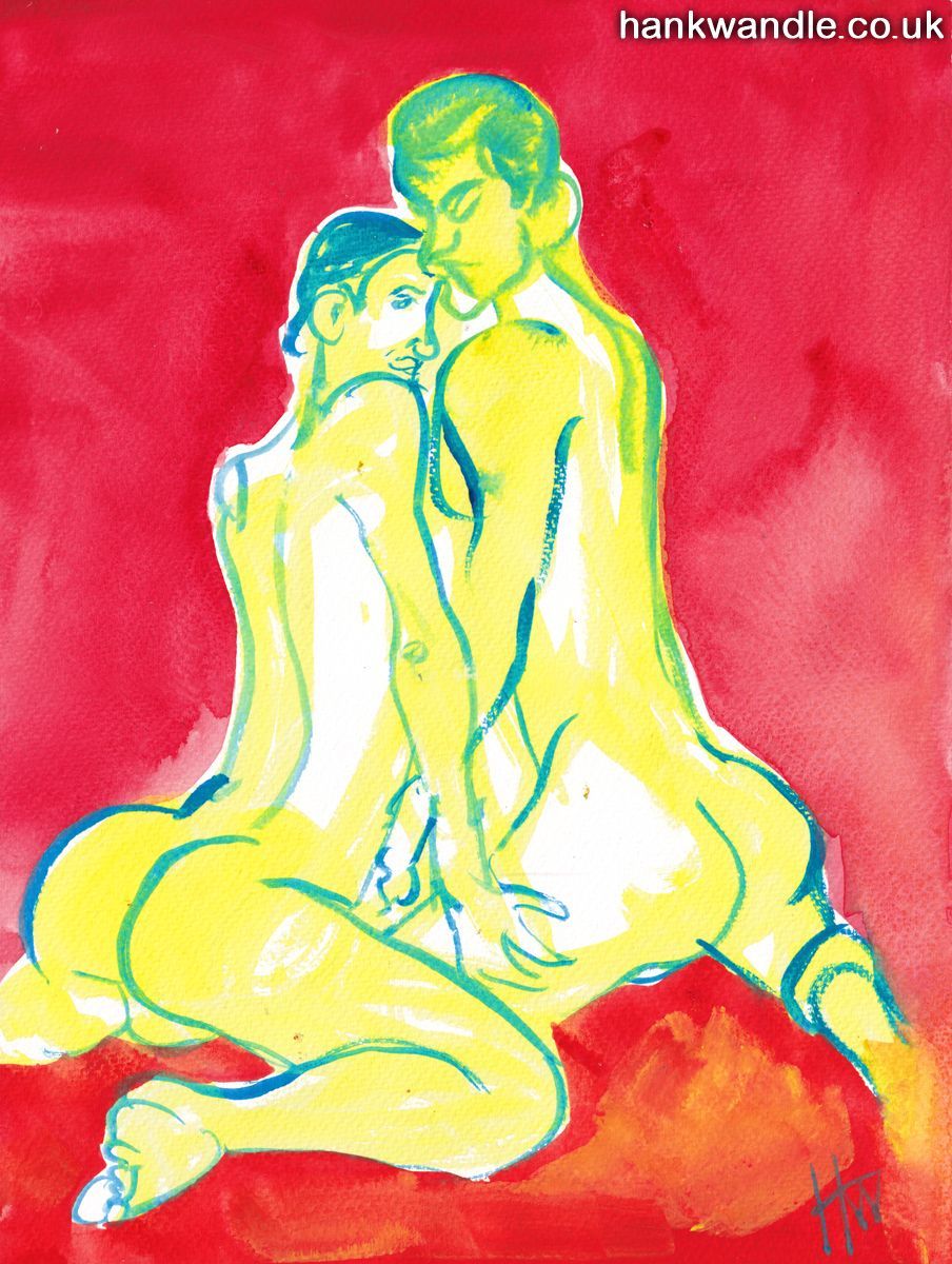 two young men knee facing each other in a tender embrace