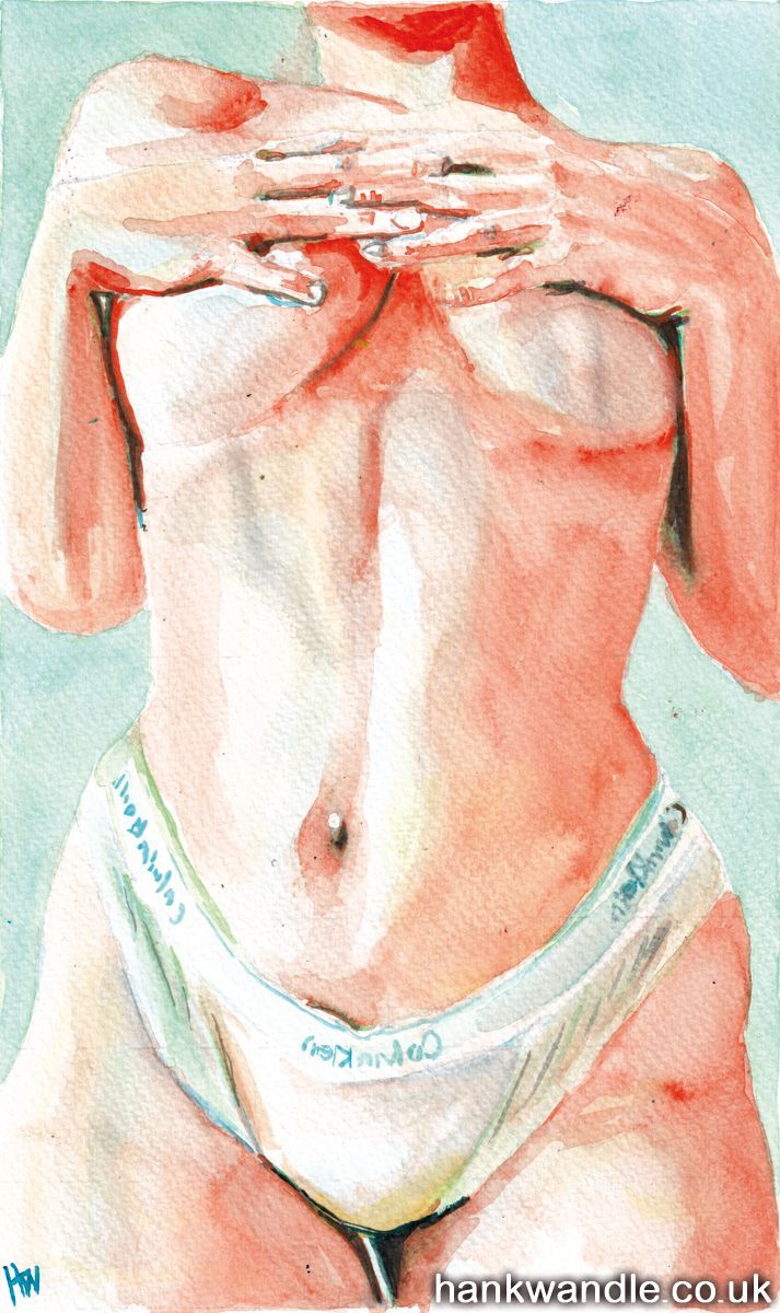 painting of a woman's torso. She is only in calvin klein briefs, holding her hands over her breasts