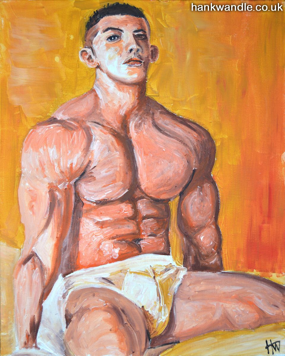 a painting of a muscular youth in naturalisticyellow and red tones, he sits on a bed wearing only white briefs