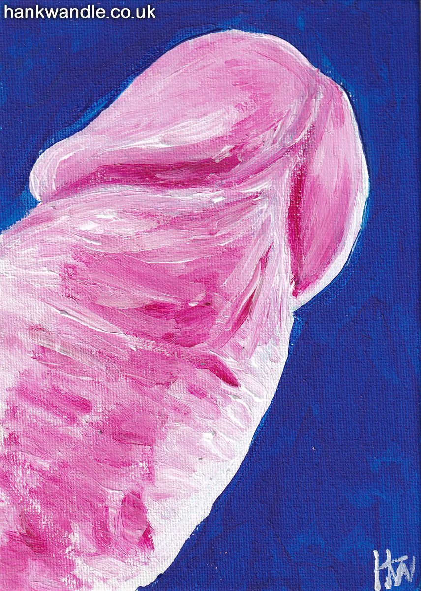 the tip of an erect penis painted in pink tones against a rich blue background