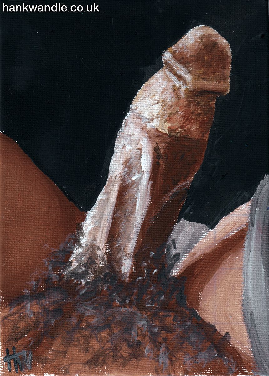 a top view of an erect circumcised penis casting a shadow on its owner's thigh