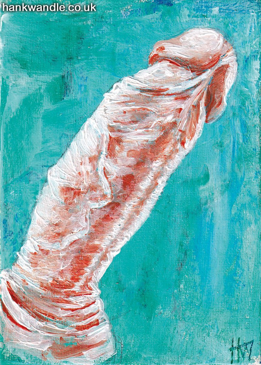 an erect penis in orange tones on a pale teal background