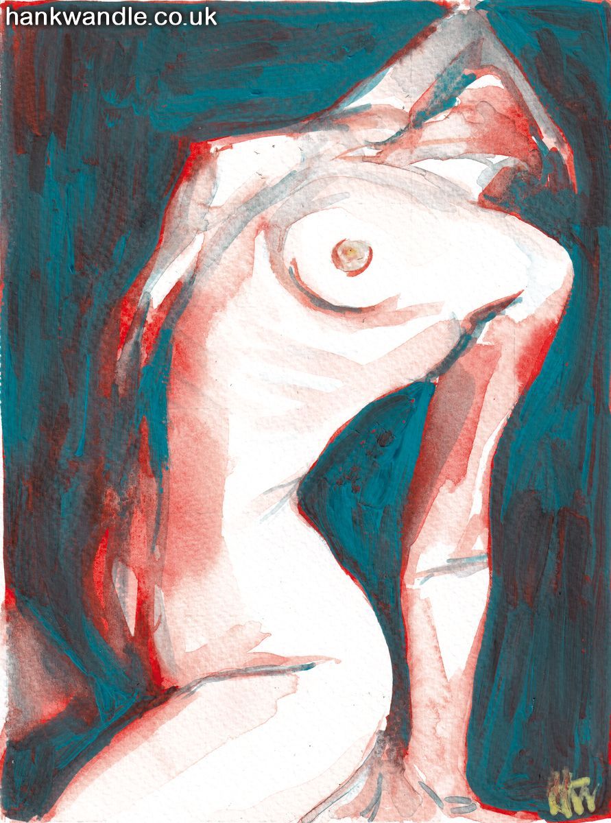 a female nude, she kneels with her back arched, supported by one straight arm, the other reaches up and holds her head