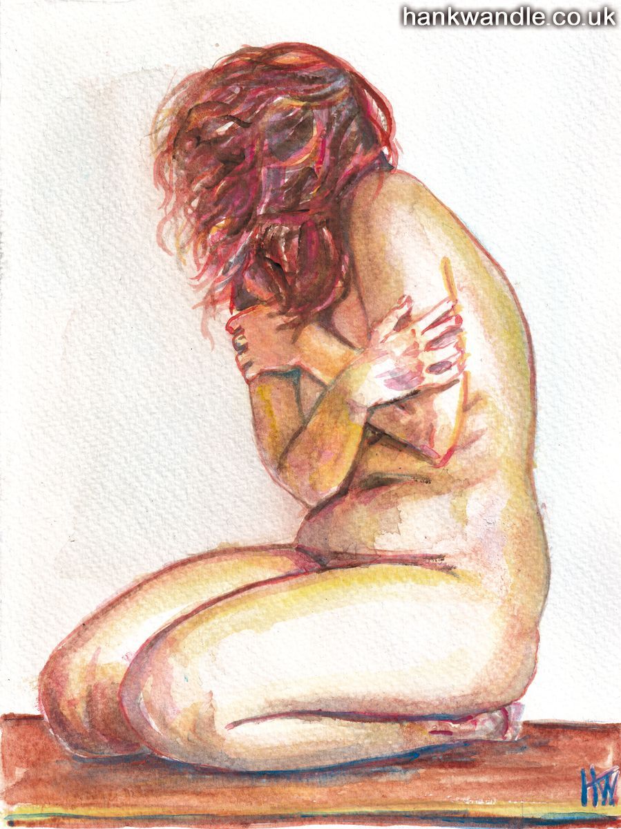 a kneeling female nude in profile, she hugs her arms over her chest, her face obscured by her hair
