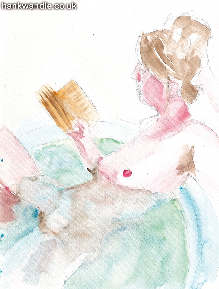 a sketchy painting of a woman in a bath, reading a paperback