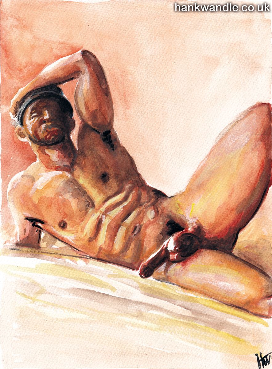 a reclining male nude, one leg bent, one hand on head, impressive muscles