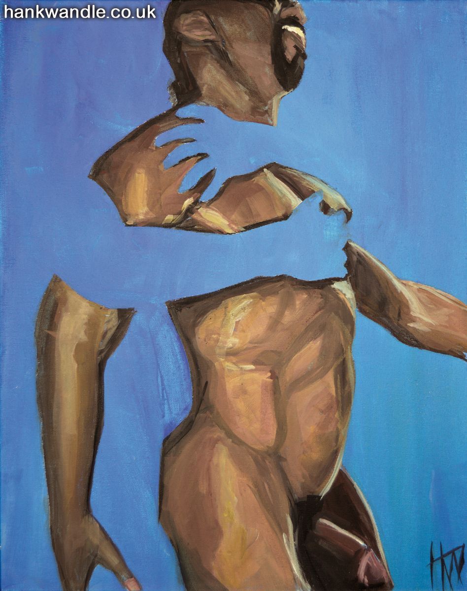 a painting of a muscular man in a sexual embrace, his partner is implied only by the intrusiion on the subjects silhouette, only existing in negative space