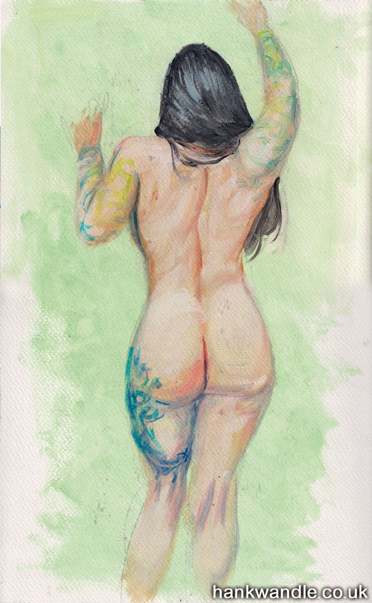 an oil painting study of a naked woman, from behind, she has tattooed arms and a large tatto on her thigh