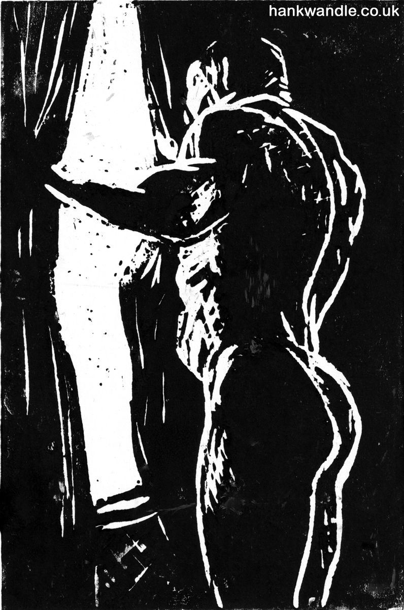 a black and white image of a muscular naked man looking out of a window, you can see his butt