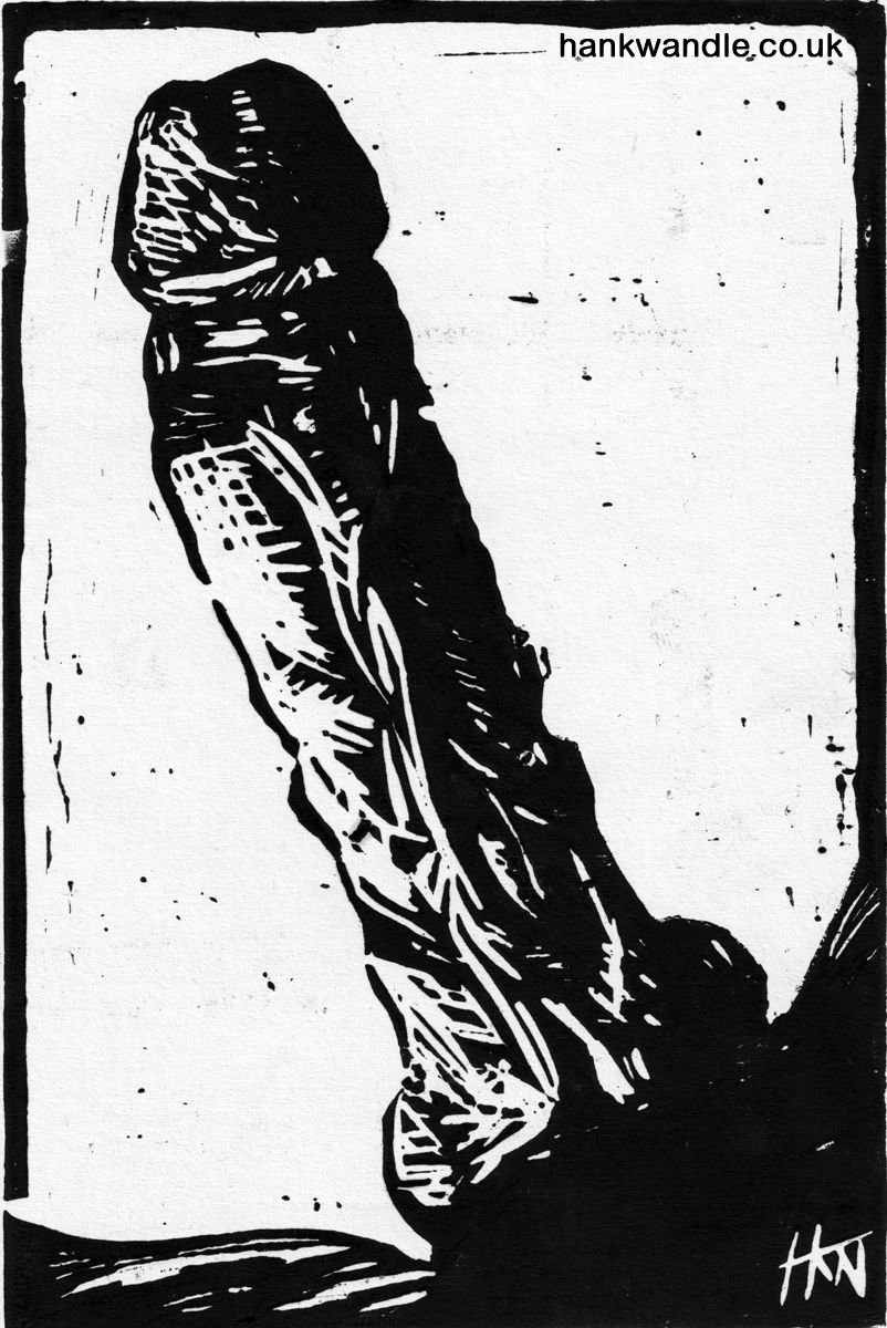 a black and white ink print of a long, erect penis