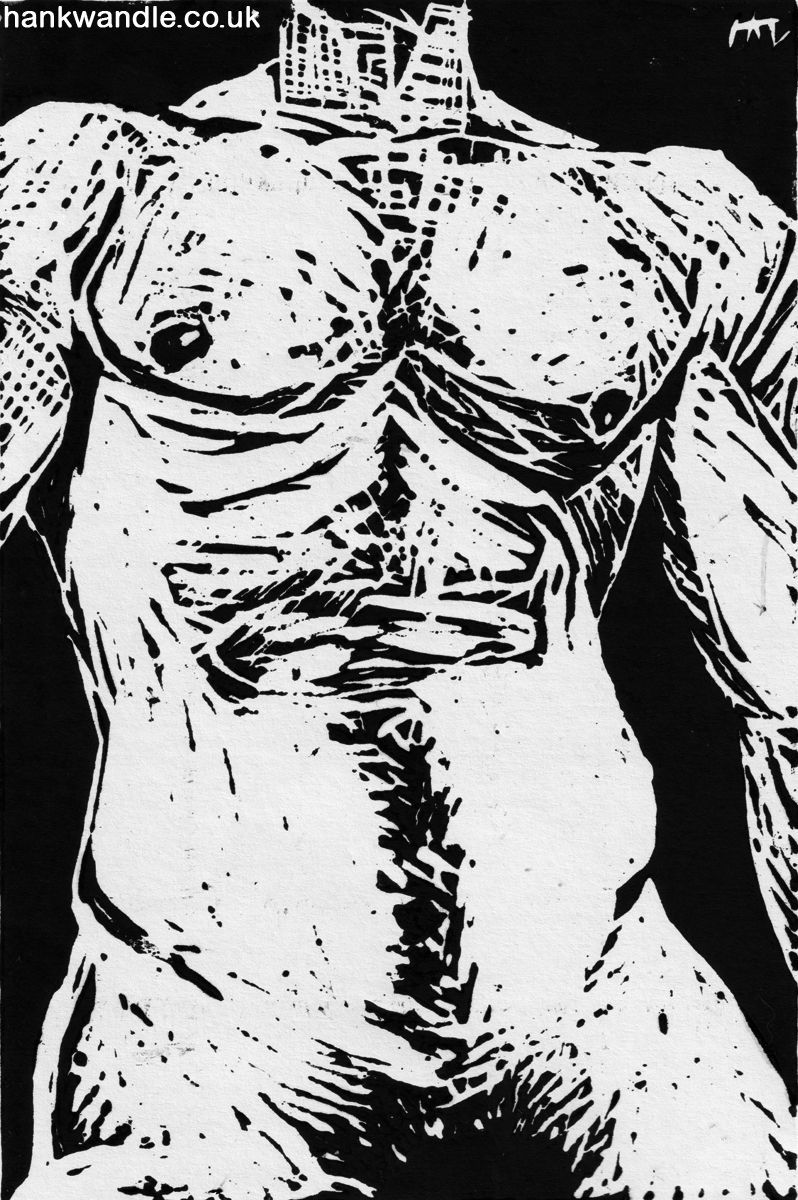 a linocut of a muscular male torso